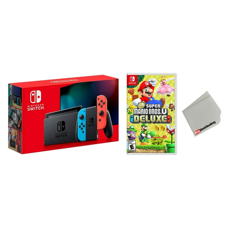 Nintendo Switch 32GB Console Neon Joy Con Bundle with Super Mario Bros. U Deluxe Game Import with US Plug