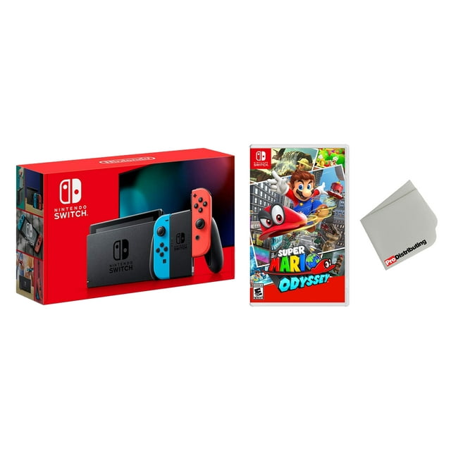 Nintendo Switch 32GB Console Neon JoyCon Bundle with Super Mario Odyssey Game Import with US