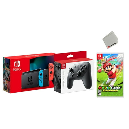 Nintendo Switch 32GB Console Neon Joy-Con Bundle with Wireless Pro Controller and Mario Golf Super Rush Game - Import with US Plug