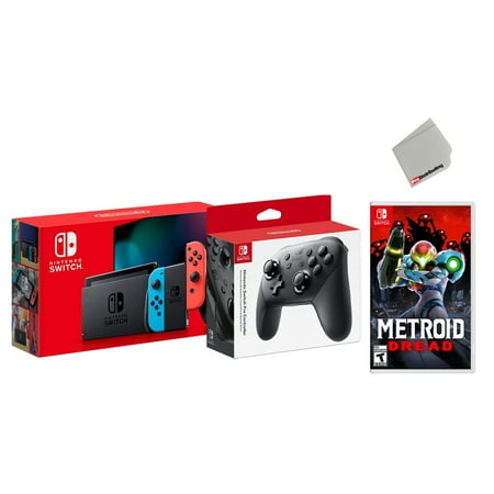 Nintendo Switch 32GB Console Neon Joy-Con Bundle with Wireless Pro Controller and Metroid Dread Game - Import with US Plug