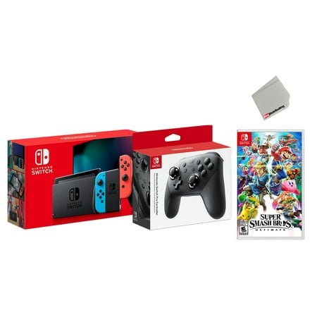 Nintendo Switch 32GB Console Neon Joy-Con Bundle with Wireless Pro Controller and Super Smash Bros. Ultimate Game - Import with US Plug
