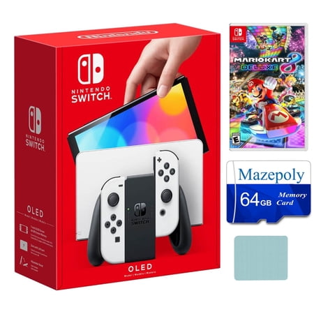 Nintendo Switch 64GB OLED Model Bundle, Nintendo Switch Console with White Joy-Con Controllers & Dock, Vibrant 7-inch OLED Screen, 64GB Storage, Game Mario Kart 8 Deluxe with Mazepoly Accessories