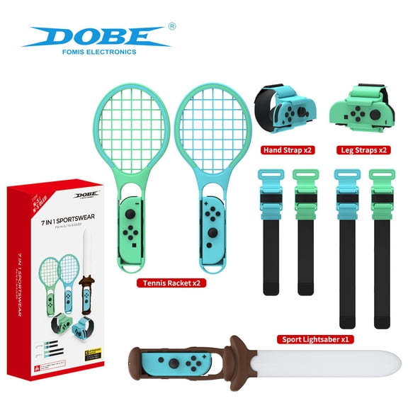 Nintendo Switch 7-in-1 Sports Accessory Bundle - Motion-Activated Light Saber, Tennis Racket, Wrist & Leg Straps for Joy-Con, Compatible with Switch/OLED, Perfect for Sports Games