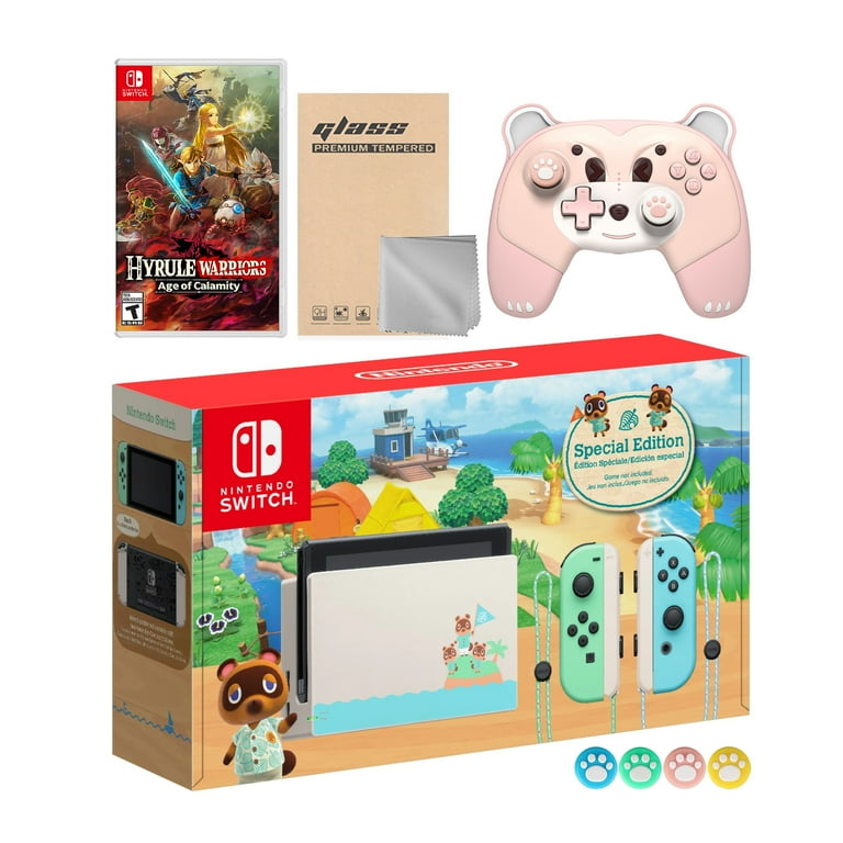 Nintendo Switch Animal Crossing Limited Console Hyrule Warriors Age of Calamity Bundle with Mytrix Wireless Pro Controller Berry Bear Tempered Glass