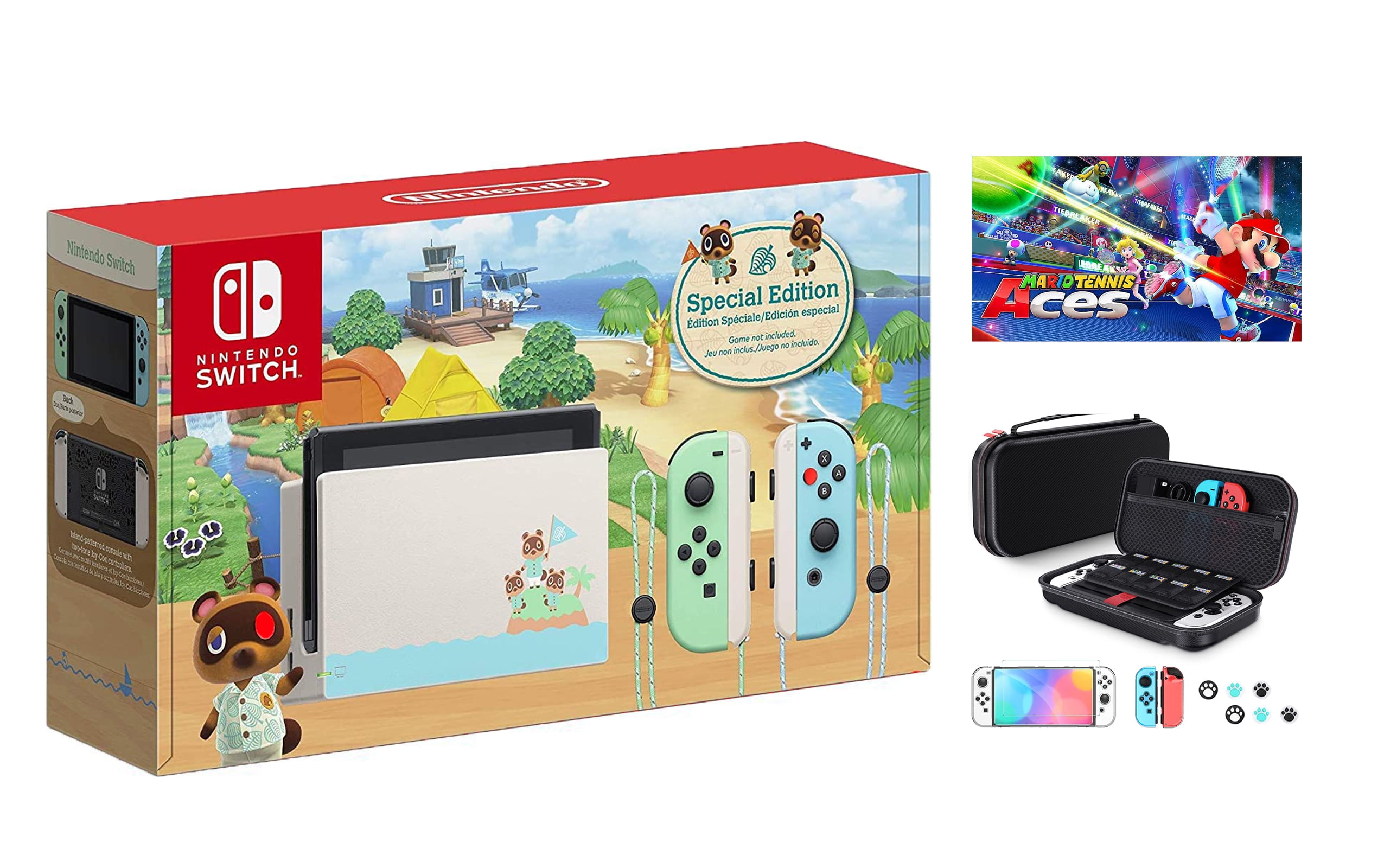 Storage, Accessory Horizons Aces & 1 in Internal Bundle Jon-Con 32GB 10 New Switch Tennis Edition Console, with Nintendo Case Mario Crossing: Animal