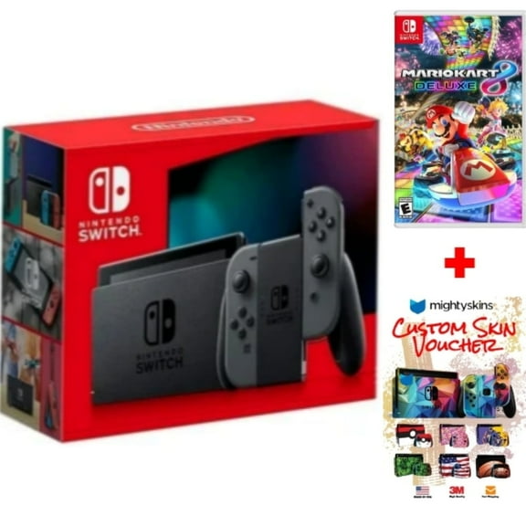 Nintendo Switch Bundle with Gray Joy Cons + Mario Kart 8 Deluxe + MightySkins Custom Console and Controller Skin Voucher - (JP Edition)