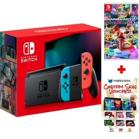 Nintendo Switch Bundle with Neon Red/Blue Joy Cons + Mario Kart 8 Deluxe + MightySkins Custom Console and Controller Skin Voucher (JP Edition)