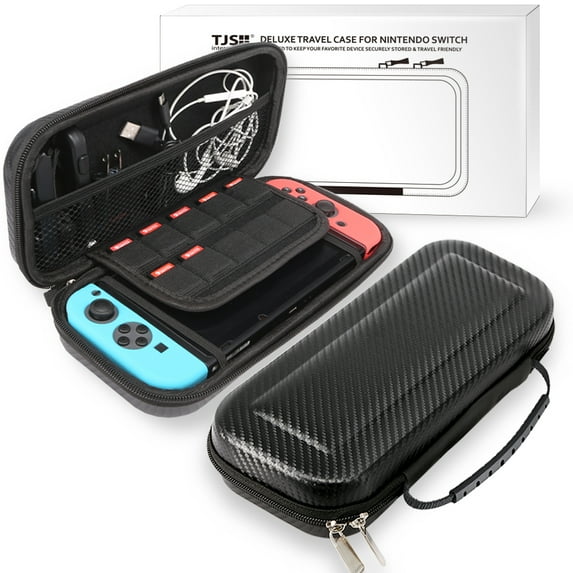 Nintendo Switch Case, TJS Dual Layer Hybrid Shock Absorbing Impact Resistant Rugged Slim Armor Case Cover Carbon Fiber Back Hard TPU Inner Layer For Nintendo Switch (Black)