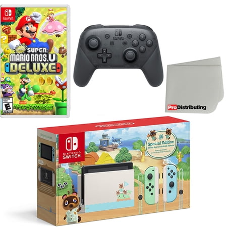 Nintendo Switch Console Animal Crossing: New Horizons Edition with Extra Wireless Controller, New Super Mario Bros. U Deluxe and Screen Cleaning Cloth