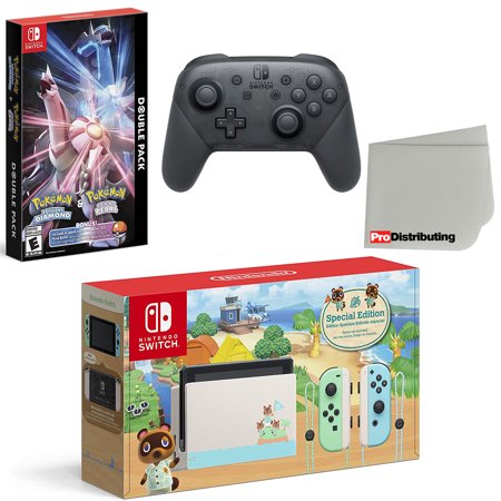 Nintendo Switch Console Animal Crossing: New Horizons Edition with Extra Wireless Controller, Pokemon Brilliant Diamond & Shining Pearl and Screen Cleaning Cloth