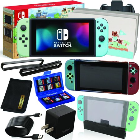 Nintendo Switch Console with Joy-Con Controllers (Animal Crossing, Special Edition) + Thin Protective Case, Boost Pak, Dock Bands, AC Power Cord, 24 Slot Game Case & PremGear Cleaning Cloth