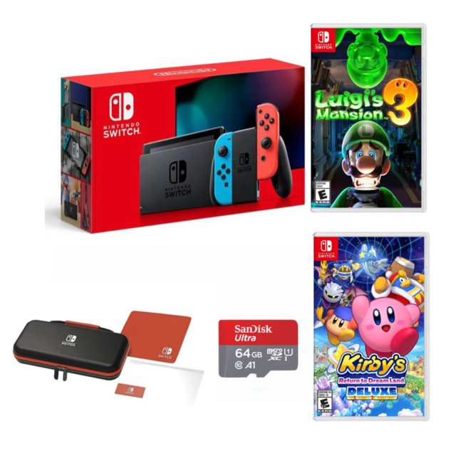 Nintendo Switch Console with Neon Blue & Red JoyCon. Bundle Includes