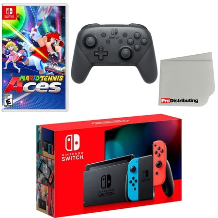 Nintendo Switch Console Neon Red & Blue with Extra Wireless Controller, Mario Tennis Aces and Screen Cleaning Cloth