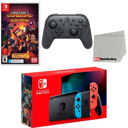 Nintendo Switch Console Neon Red & Blue with Extra Wireless Controller, Minecraft Dungeons Hero Edition and Screen Cleaning Cloth