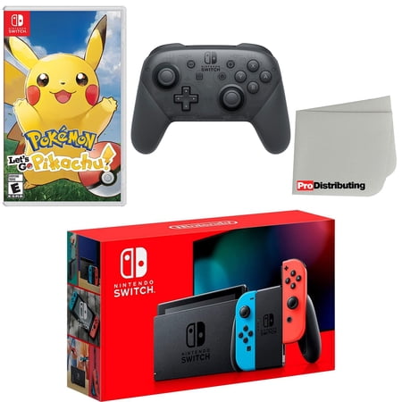 Nintendo Switch Console Neon Red & Blue with Extra Wireless Controller, Pokemon: Let's Go, Pikachu! and Screen Cleaning Cloth