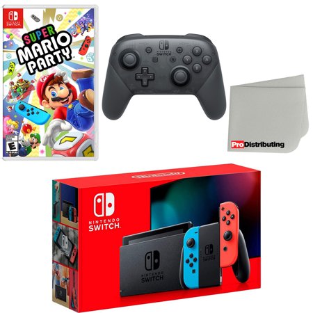 Nintendo Switch Console Neon Red & Blue with Extra Wireless Controller, Super Mario Party and Screen Cleaning Cloth