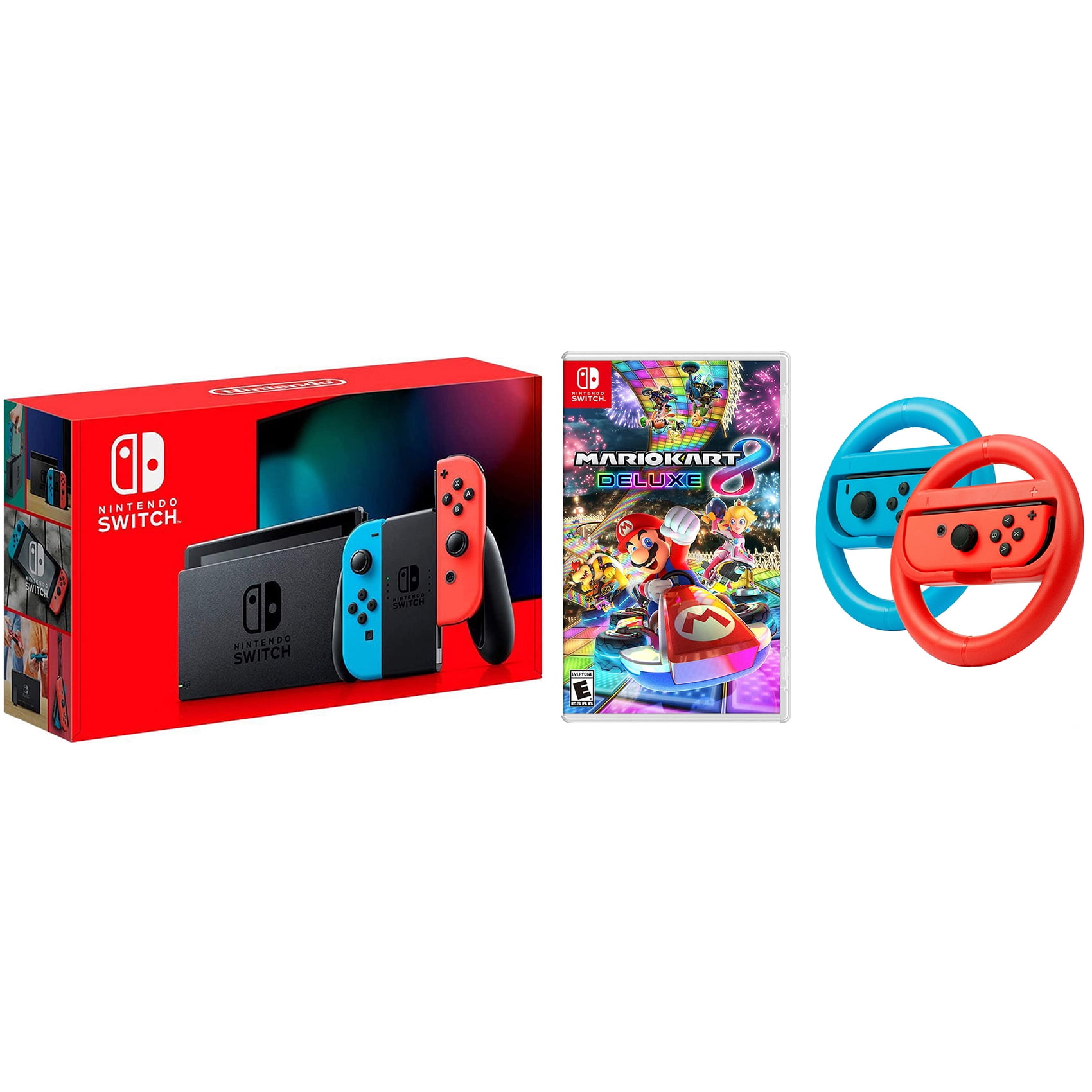 Nintendo Switch Console with Mario Kart 8 Deluxe, Joy-Con Steering Wheel Set Handheld Video Game