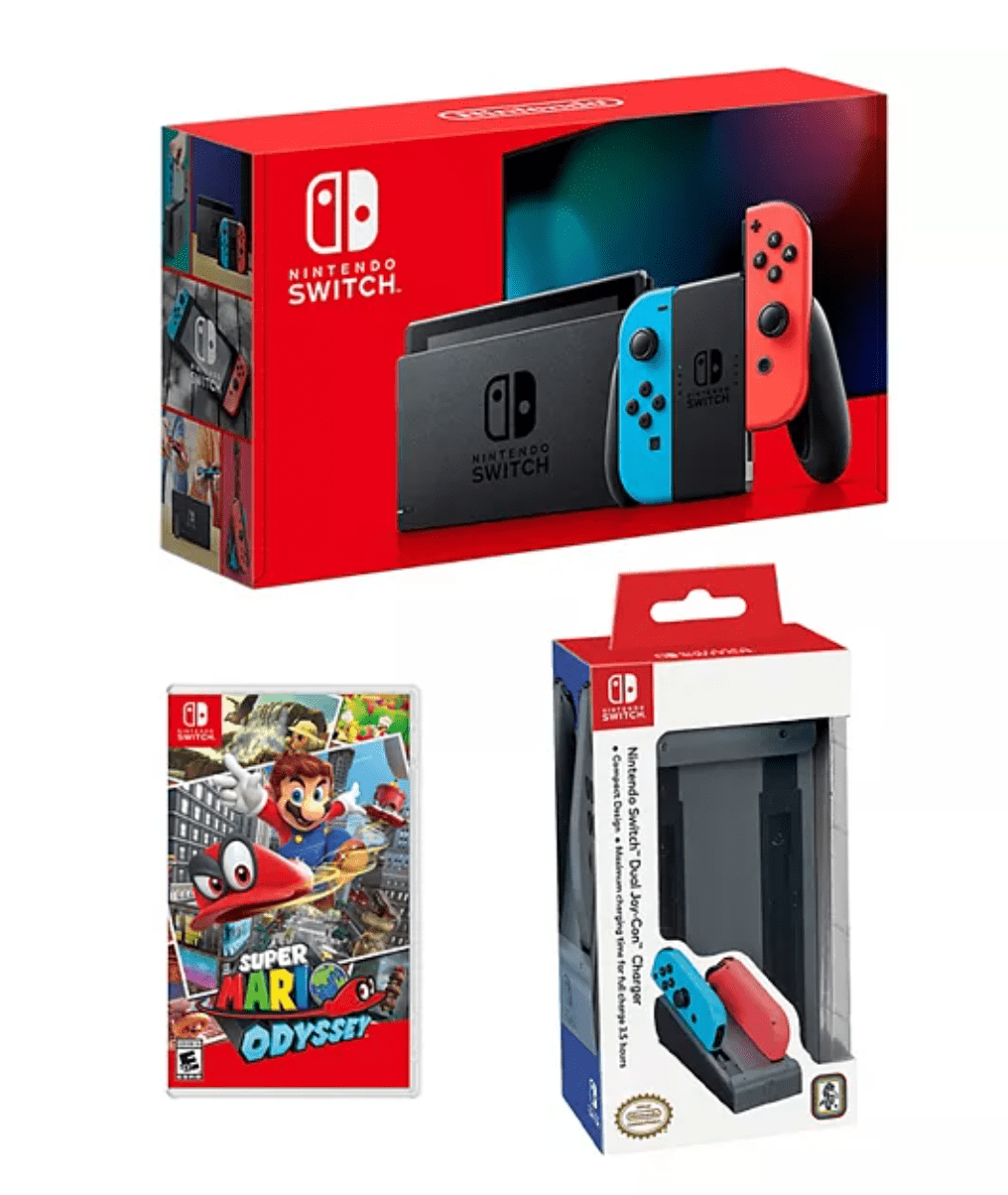 Nintendo Switch Console with Mario Odyssey Game & Gray Dual Joy-Con Charger