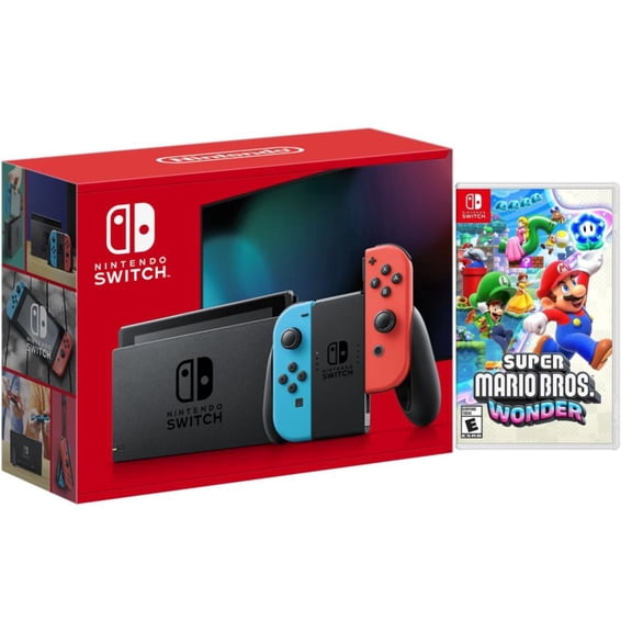 Nintendo Switch Console with Neon Red & Neon Blue Joy-Con Bundle with Super Mario Bros. Wonder (Region Free)