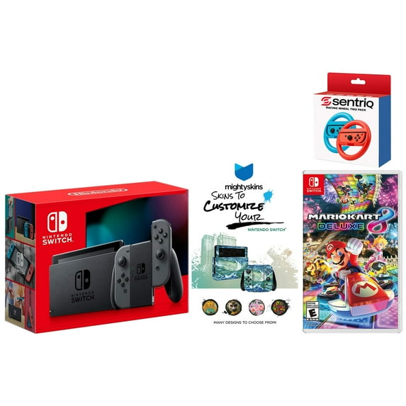 Nintendo Switch Gray Console Bundle with Mario Kart 8 Deluxe + Sentriq Racing Wheels + MightySkins Custom Code - Japan Import with US Plug