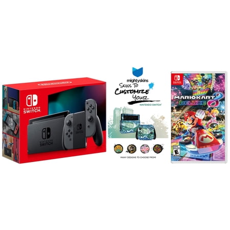 Nintendo Switch Gray Console with Mario Kart 8 Deluxe Game and MightySkins Custom Code Bundle - Japan Import with US Plug