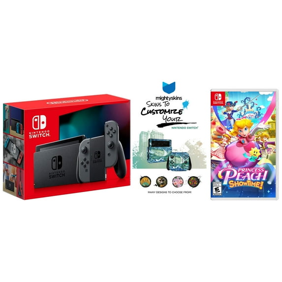 Nintendo Switch Gray Console with Princess Peach: Showtime! Game and MightySkins Custom Code Bundle - Japan Import with US Plug