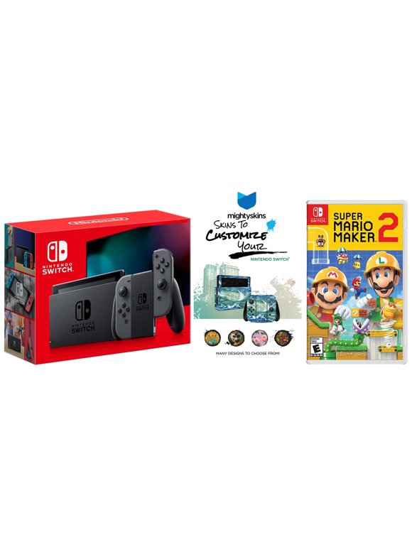 Nintendo Switch Gray Console with Super Mario Maker 2 Game and MightySkins Custom Code Bundle - Japan Import with US Plug