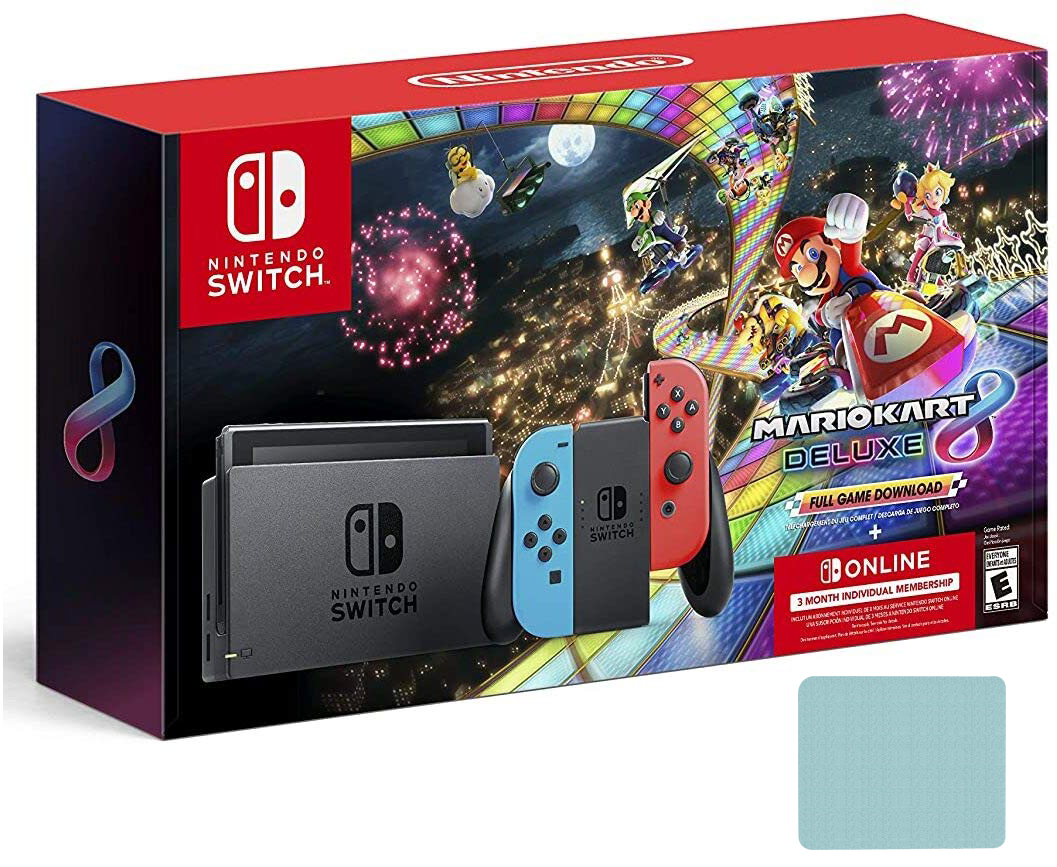 Nintendo Switch Joy-Con Neon Blue/Red Console Bundle: Mario Kart 8 Deluxe Full Game Download | 3 Months Nintendo Switch Online Membership with Mazepoly Cleaning Cloth - image 1 of 5