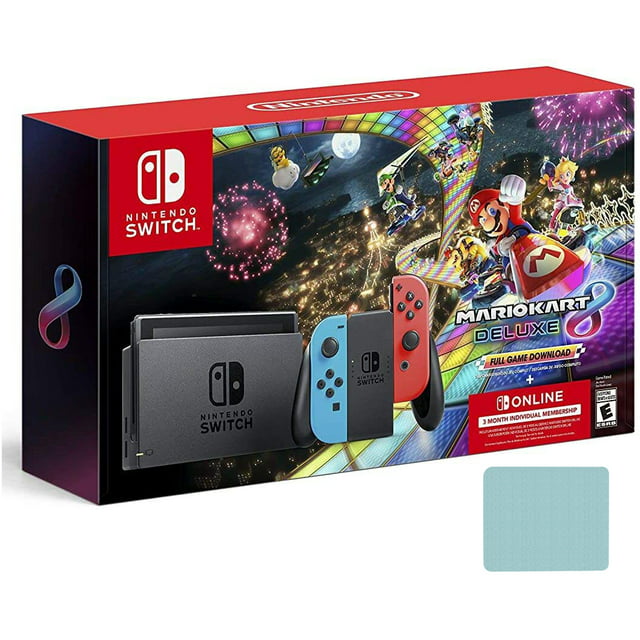 Nintendo Switch Joy-Con Neon Blue/Red Console Bundle: Mario Kart 8 Deluxe Full Game Download | 3 Months Nintendo Switch Online Membership with Mazepoly Cleaning Cloth
