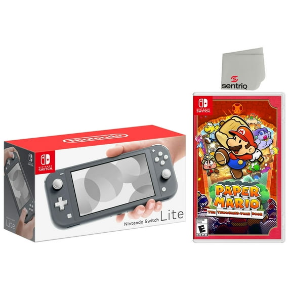 Nintendo Switch Lite 32GB Gray Edition and Paper Mario: The Thousand Year Door Bundle - Japan Import with US Plug with Screen Cleaning Cloth