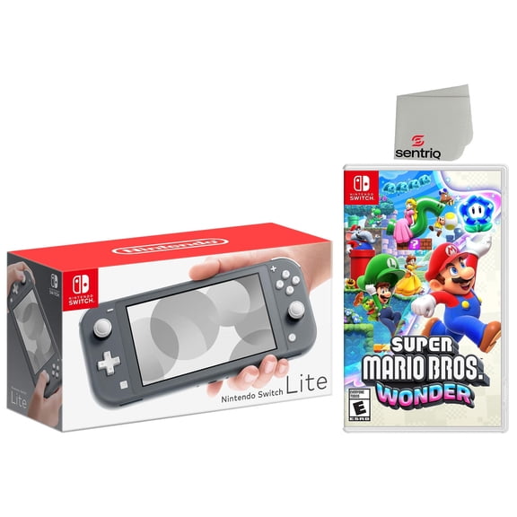 Nintendo Switch Lite 32GB Gray Edition and Super Mario Bros Wonder Bundle - Japan Import with US Plug with Screen Cleaning Cloth