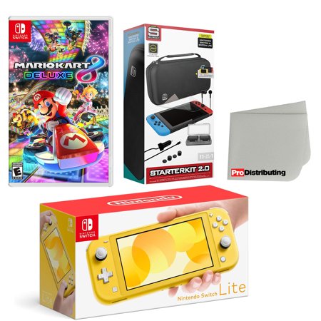 Nintendo Switch Lite Console Yellow with Mario Kart 8 Deluxe, Accessory Starter Kit and Screen Cleaning Cloth Bundle