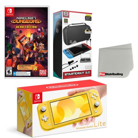 Nintendo Switch Lite Console Yellow with Minecraft Dungeons Hero Edition, Accessory Starter Kit and Screen Cleaning Cloth Bundle