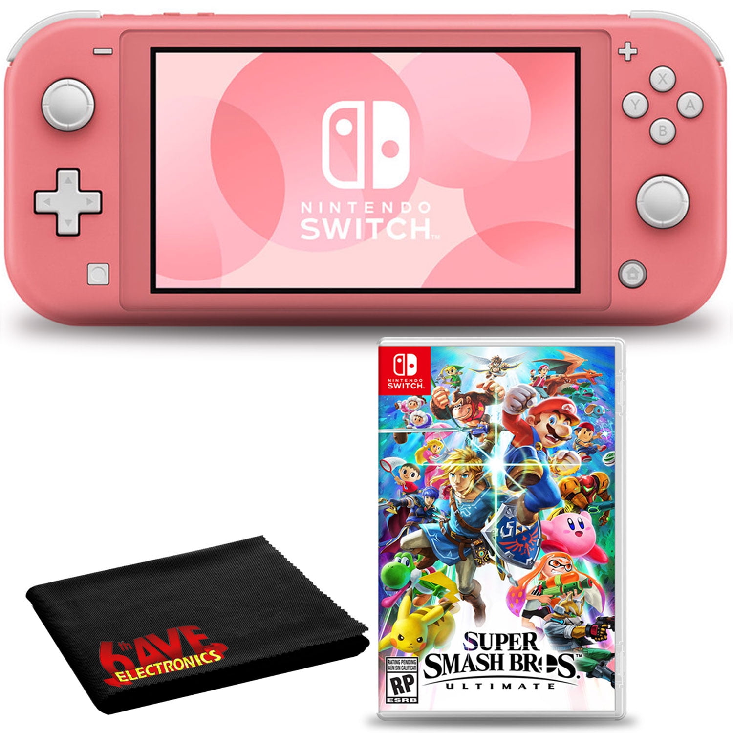 Nintendo Switch Lite (Coral) Bundle with Super Smash Bros and 6Ave Cleaning  Kit