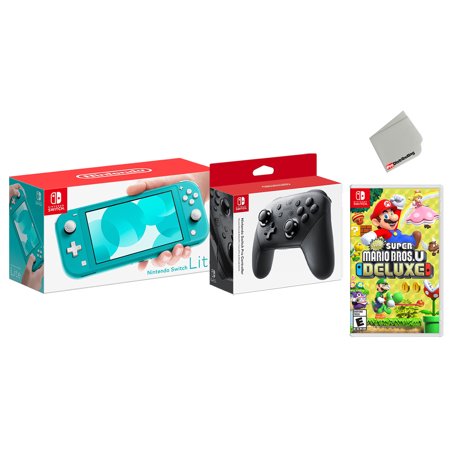 Nintendo Switch Lite Turqouise Bundle with Wireless Pro Controller and Super Mario Bros. U Deluxe Game - Import with US Plug