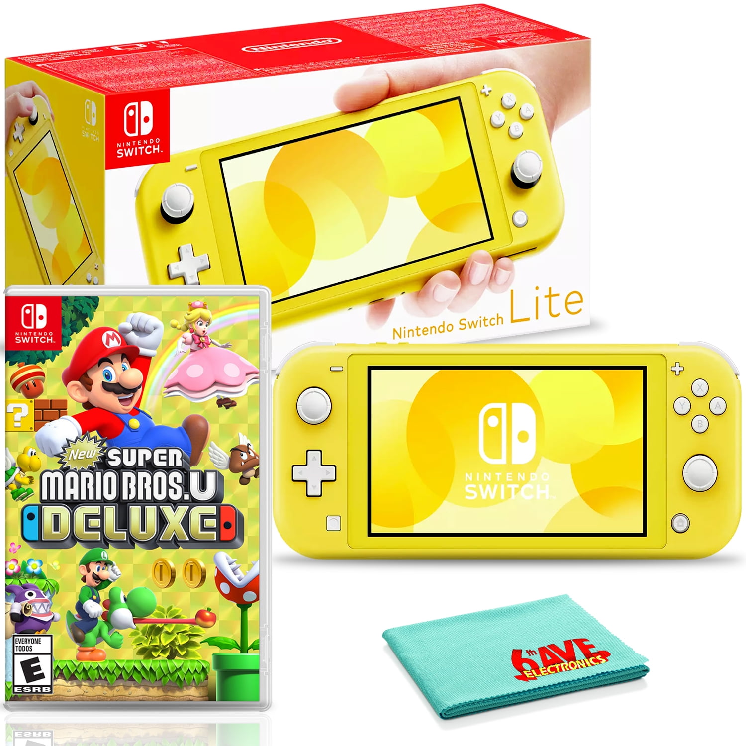 Nintendo Switch Lite (Yellow) Bundle with Super Mario Bros. U and 6Ave Cloth