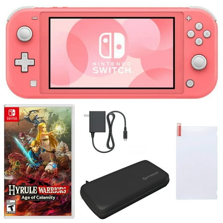 Nintendo Switch Lite in Coral with Hyrule Warriors: Age of Calamity and Accessories