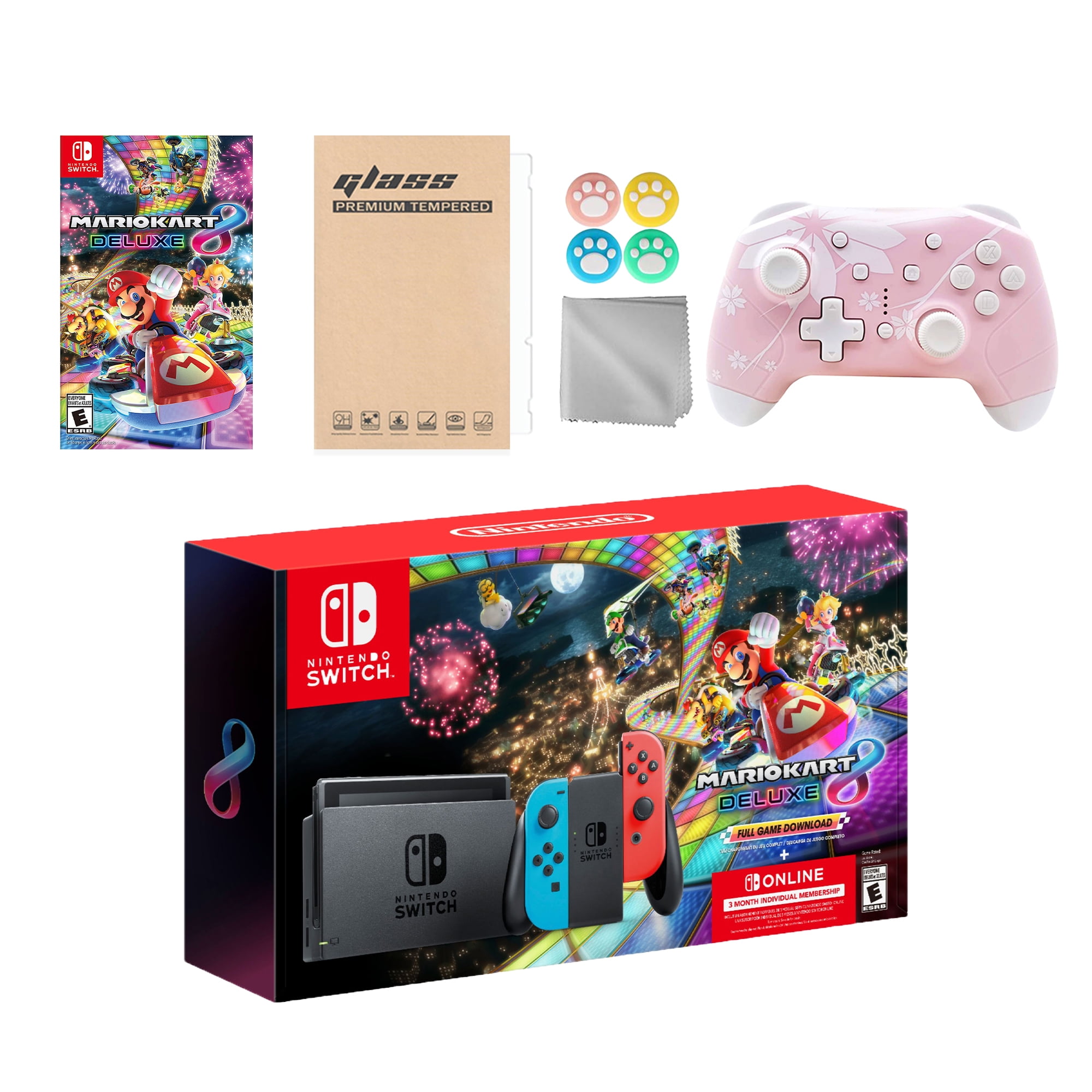 Nintendo Switch Mario Kart 8 Deluxe Bundle Red Blue Console Mario Kart 8 Membership Donkey Kong Country Mytrix Wireless Pro Controller Pink