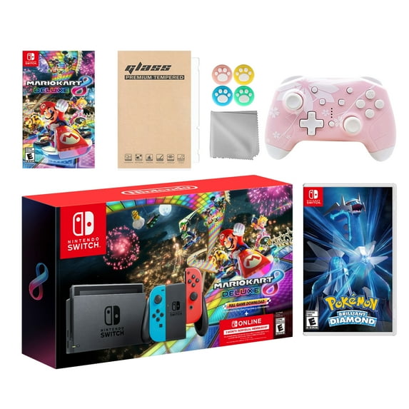 Nintendo Switch Mario Kart 8 Deluxe Bundle: Red/Blue Console, Mario Kart 8 & Membership, Pokemon Brilliant Diamond, Mytrix Wireless Pro Controller Pink Cherry Blossom and Accessories