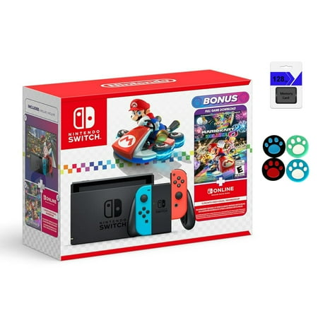 Nintendo Switch Mario Kart 8 Deluxe Console Bundle with Neon Blue/Red Joy-Con Controllers, 12 Month Membership, with Mazepoly Accessories