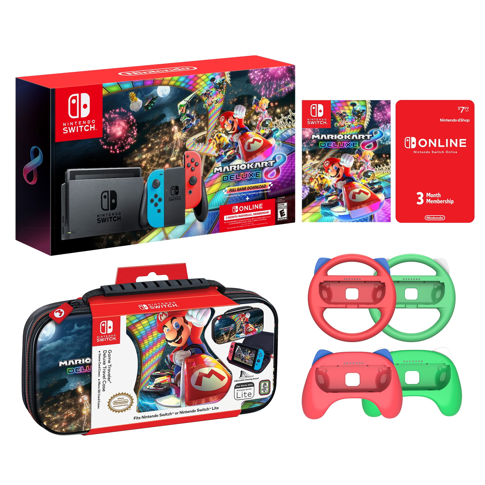 Nintendo Switch Mario Kart 8 Neon Racing Bundle: Red Blue JoyCon Console,  Mario Kart 8 Deluxe and Online Membership, Travel Case, Mytrix Wheels and