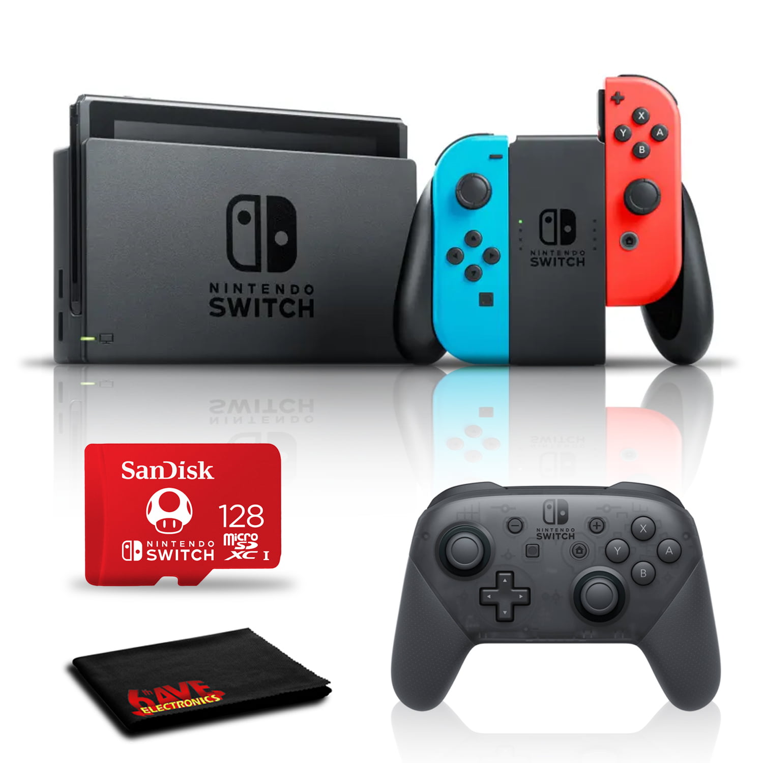 Nintendo Switch (Neon Blue/Red) with 128GB microSD and Switch Pro Controller
