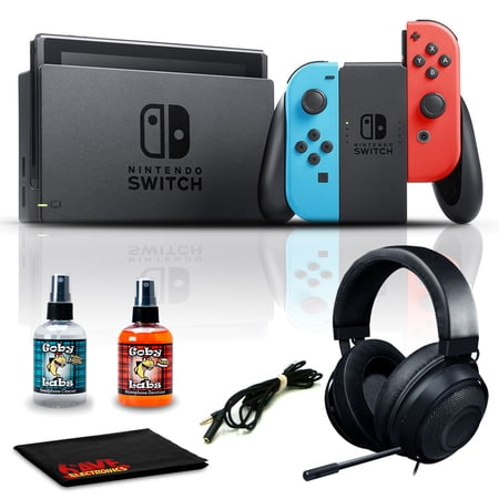 Nintendo Switch Neon Blue Red with Razer Kraken Multi Platform Wired Gaming Headset and 6Ave Cleaning Kit