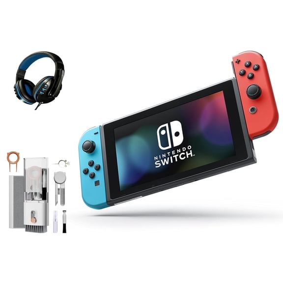 Pre-Owned Nintendo Switch - Neon Blue and Neon Red Joy-Con with Headset BOLT AXTION Cleaning Kit Bundle