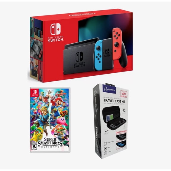 Nintendo Switch Neon Blue and Red Bundle with Super Smash Bros. Ultimate   Travel Case Kit (import with US Plug)