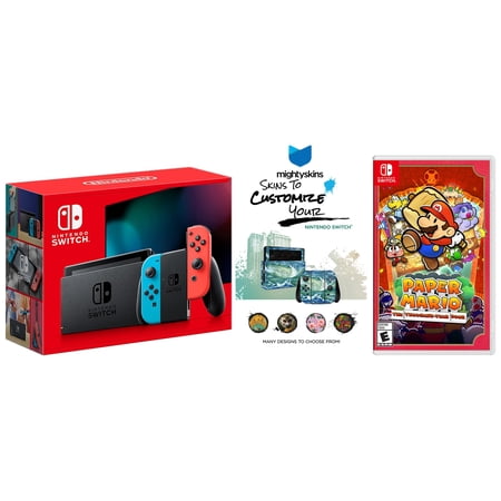 Nintendo Switch Neon Console with Paper Mario: The Thousand Year Door Game and MightySkins Custom Code Bundle - Japan Import with US Plug