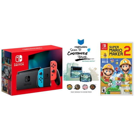 Nintendo Switch Neon Console with Super Mario Maker 2 Game and MightySkins Custom Code Bundle - Japan Import with US Plug