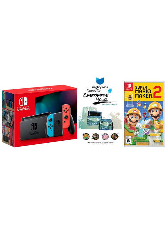 Nintendo Switch Neon Console with Super Mario Maker 2 Game and MightySkins Custom Code Bundle - Japan Import with US Plug
