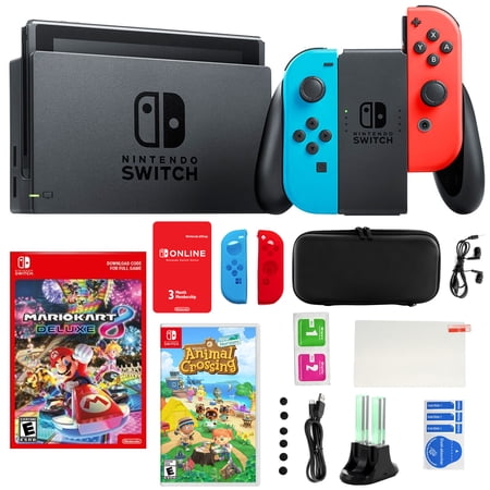 Nintendo Switch Neon Mario Kart 8 Bundle with Animal Crossing and Accessories