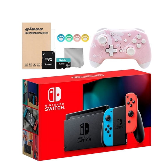 Nintendo Switch Neon Red Blue 32GB Console with Mytrix Sakura Wireless Pro Controller and Mytrix Switch Accessories Kit